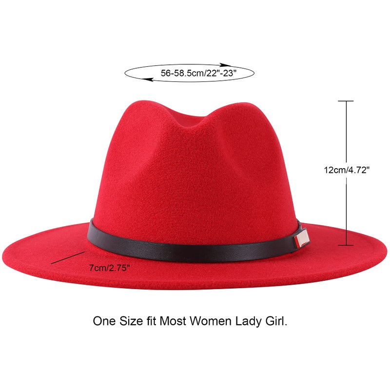 Lanzom Women Lady Retro Wide Brim Floppy Panama Hat Belt Buckle Wool Fedora Hat Fit Size 6 8/7-7 1/4 (Z Belt-Red, One Size) - Image 2